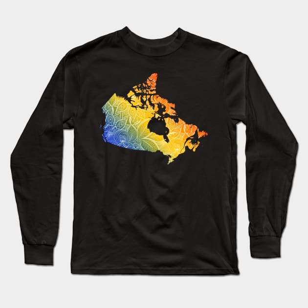 Colorful mandala art map of Canada with text in blue, yellow, and red Long Sleeve T-Shirt by Happy Citizen